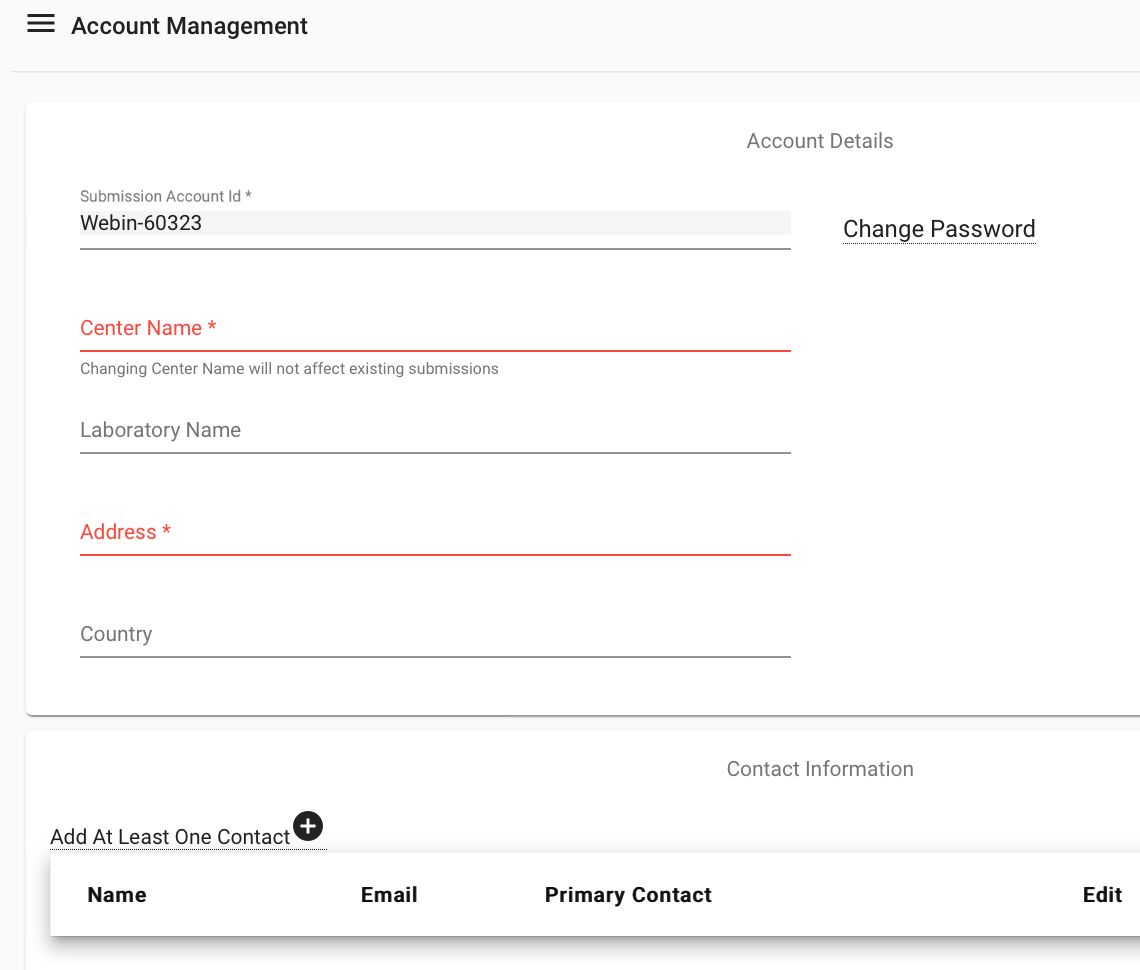 ENA login details page