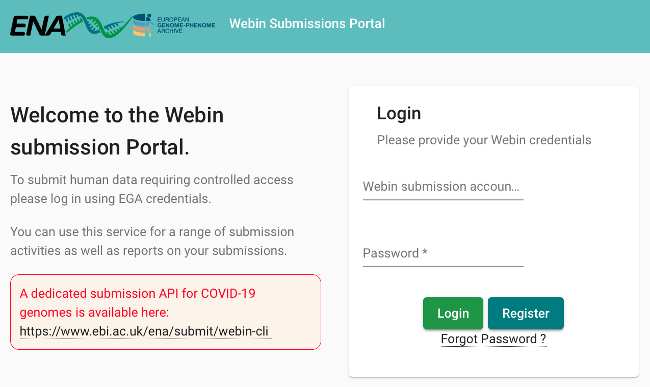 ENA login start page