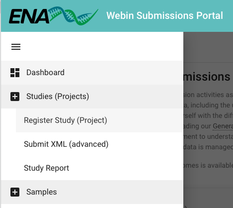 Step 1, register study via Dashboard menu